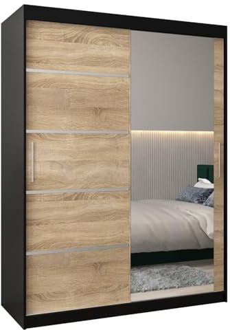 MEBLE KRYSPOL Kleiderschrank mit Spiegel Verona 2 - Garderobenschrank - Schrank Schlafzimmer - Mehrzweckschrank Zwei Schiebetüren - Regalen - Flur Möbel - Kleiderstange Schrank - Allzweckschrank