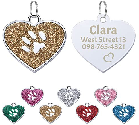 Uiopa 2 Stücke Herz Zinklegierung Personalisiert Haustier ID Tag, Hundemarke mit Gravur, Anhänger mit Gravur für Hundehalsband und Katzenhalsband (Gold)