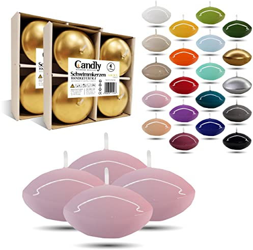 CANDLY HANDMADE Grandes 4x Bougies flottantes Premium Ø 70 mm | Anniversaire & Jour du Nom, Réception de Mariage, Saint Valentin, Pâques, Noël, Décoration de maison élégante, Candles (Rose Clair)