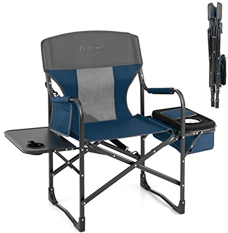 COSTWAY Silla Plegable de Director, Bolsa Nevera, Bolsa de Almacenamiento y Correa Portátil, Capacidad de 180 kg, Camping, Senderismo, Pesca, Picnic (Azul)