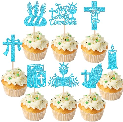 SYKYCTCY 24 Pack First Holy Communion Cupcake Toppers Glitter Cross Bible Cupcake Picks Angel God Bless Cake Decorations for First Communion Baptism Religion Theme Birthday Party Supplies Blue