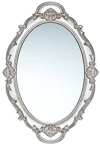 LONGWIN Vintage Oval Mirror for Wall Decor, Ornate Hanging Small Mirrors for Living Room/Bedroom, Perfume/Vanity Tray 10 x 14.5 Inch Silver