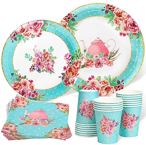 Disposable Paper Plates Cups and Napkins Blue Vintage Floral Tableware Decorations for Wedding Birthday Baby Shower Bride to Be Tea Party Plates 20 Guests