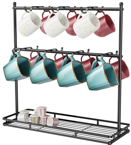 OROPY Coffee Mug Holder for Countertop, 14-Hook Mug Tree Rack for 14 Cups, 2 Tier Mug Display Stand with Heavy Duty Metal Base