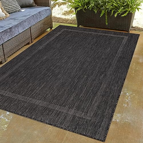 Carpettex Outdoor Teppich Wetterfest 140 x 200 cm Sisal Optik Schwarz - Ideal für Balkon, Garten, Terrasse und als Küchenteppich - Draußen Teppich Waschbar, Flachgewebe, Wasserfest, Pflegeleicht