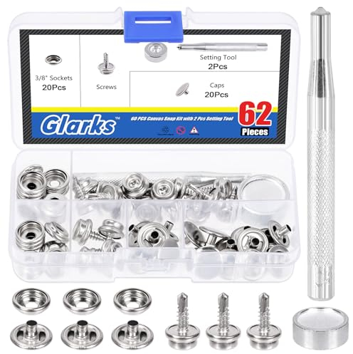 Glarks Kit di 62 bottoni a pressione in tela in acciaio inox di grado marino, tela e tappezzeria, kit di bottoni a pressione con 2 strumenti di impostazione (20 set)