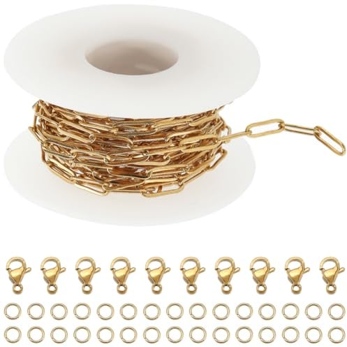 SUNNYCLUE 1 Rolle 16.4 Fuß/5m Echte 18 Karat Edelstahl Büroklammerkette Lose 12x4 mm Goldene Büroklammerketten Vergoldete Glieder 10 Stück Karabinerverschlüsse 30 Stück Offene Biegeringe Für Schmuckh