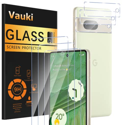 Vauki - Juego de 3 protectores de pantalla de cristal templado para Google Pixel 7a con cámara de 3 piezas, HD, protector de pantalla, 9H dureza, antiarañazos, sin burbujas, ultra transparente para