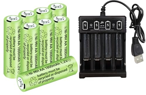 AMZZN 8PCS 1.2V 1800mAh Ni-MH AA Rechargeable Battery with 4 Slot USB Charger for Wireless Microphones, Electric Toys, Remote Mice, Calculators, Razors, Keyboards (8PCS Battery+Charger)