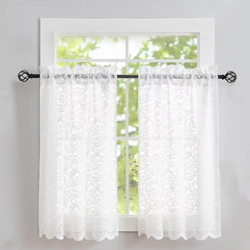 ALIGOGO Lot de 2 rideaux courts et élégants en dentelle, garantissent l’intimité pour fenêtre de salle de bain, porte d’entrée,armoire court, petite fenêtre, 66 x 76,2 cm (l x L), blanc