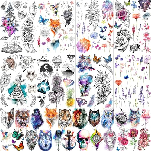 31 Blatt Aquarell Temporäre Tattoos Damen Frauen Mädchen Klebetattoos Erwachsene, Bunt Lavendel Blume Fake Tattoo Aufkleber Haut, Elefant Tiger Löwe Katze Schmetterling Rose Fuchs Tatoos Vögel