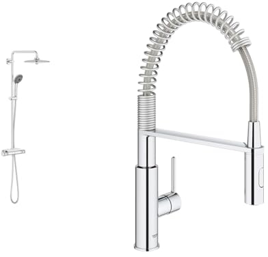GROHE Vitalio Joy 260 - Duschsystem mit Thermostatbatterie & Get - Einhand- Spültischbatterie (mit herausziehbarer Brause, Profi Brause, einfache Rückführung), chrom, 30361000