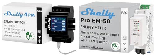 Shelly Pro 4PM, Relè a 4 canali Wi-Fi, LAN e Bluetooth, Misuratore di Consumo & Pro EM 50A, Contatore di energia Wi-Fi e Bluetooth con comando a Contattori Con Misurazione