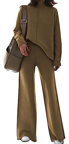 Viottiset Damen Übergroßes Homewear Stehkragen Zweiteilig Pullover Hosen Set Loungewear Lose Outfits Sweatsuit Braun L