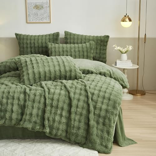 DXHOME Plüsch Bettwäsche 135x200 cm Grün Olivgrün Kaninchenfell Bettwäsche Flauschig Winterbettwäsche Kuschelig Cashmere Touch Wendebettwäsche Bettbezug mit Reißverschluss und 1 Kissenbezug 80x80cm
