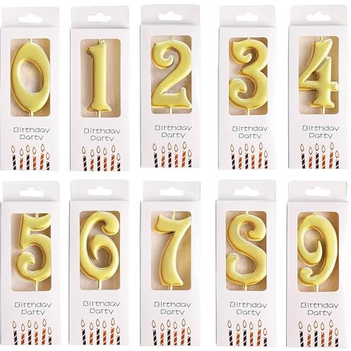 Calkkrer Lot de 10 bougies dorées en forme de chiffre pour gâteaux, décoration de gâteau, bougies magiques de 0 à 9, pour mariage, anniversaire de mariage, fête d'anniversaire