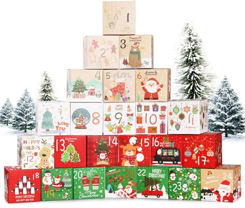 Bighan 24 Stück Schachtel Weihnachten, Geschenkboxen Karton, FensterWeihnachten Geschenkboxen Keksschachtel, Weihnachtsbaum Dekoration