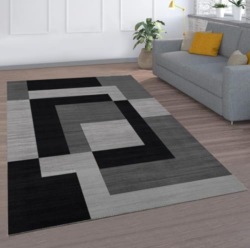 MOONLIGHT20015 Rugs Living Room Large 200x290 cm – Geometric Style Grey Area Rugs for Bedroom – Non Slip Modern Printed Carpet For Lounge Dining Room, Milo Black & Grey