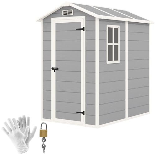 Outsunny Casetta da Giardino Porta Attrezzi in PP con Pavimento, 2.1m² Capanno da Giardino con Porta e Serratura, Tetto Inclinato, Capannone per Prato, Patio, Cortile, Esterno, 131x186x198cm, Grigio