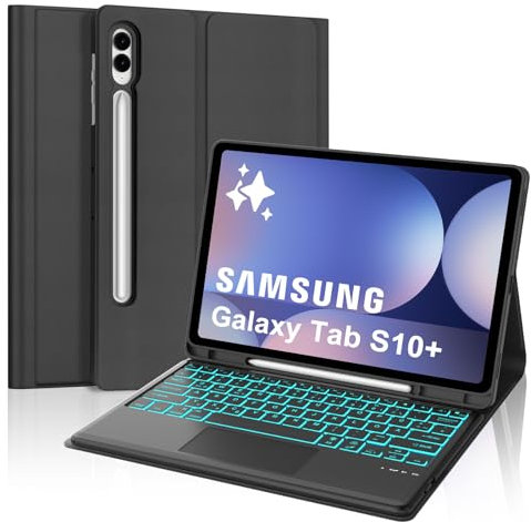 FOGARI Hülle mit Tastatur für Samsung Galaxy Tab S10 Plus 2024/S9FE+/S9 Plus 12.4, Multi Touch Trackpad, 7 Farben Beleuchtung, Tastatur Bluetooth für Samsung Galaxy Tab S10+ 2024/S9+ 12.4, Schwarz
