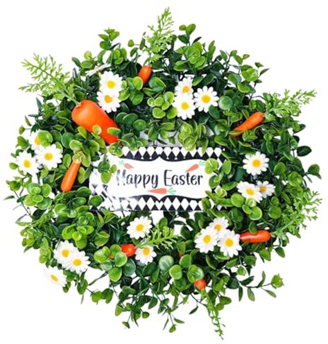 Ostertürkranz Deko Ostern Frühling Eukalyptus Türkranz mit Karotten und Gänseblümchen Osterkranz Frühlingskranz Wandkranz Tischkranz Tischdeko Dekorationen Hängen 40 x 40 cm