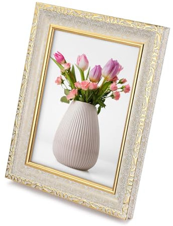 Andiker 6x8 Photo Frame, White Gold Retro 8x6 Picture Frame with Relief and Rose Fine Pattern Border Design, Picture Frames with Mount for Wall or Tabletop Hanging for Home Weddings (White, 8X6)