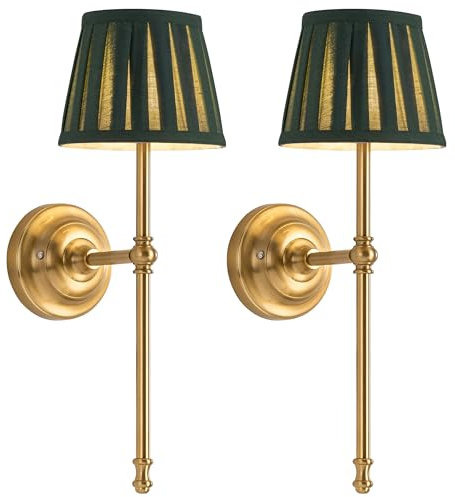 NEWSEE Battery Operated Wall Lights Set of 2, Cordless LED Fabric Wall Sconces, 5200mAh Rechargeable, Dimmable with Touch & Remote Control, Wireless Lamp for Hallway, Bedroom Living Room (Green)