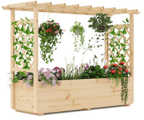COSTWAY Jardinière avec 2 Treillis Latéraux Toit Suspendu en Bois Massif avec Trou de Drainage, Lit de Jardin Surélevé pour Plante Grimpante Fleurs Herbes, Naturel (148,5 x 50 x 103,5 cm)