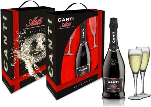 Canti - ASTI D.O.C.G. Millesimato, Spumante White Sparkling Wine, Moscato d'Asti 7%, Gift Pack with Two Glasses, Italian Grape Variety from Piemonte, Fruity and Aromatic Taste, 1x750 ml (Pack of 6)
