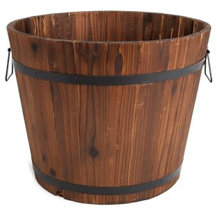 RANRHA Wooden Barrel Planter with Metal Handles – Rustic Garden Pot for Flowers & Plants, 30cm Tall, 38cm Top Diameter, 18cm Base – Outdoor/Indoor Decorative Flower Container
