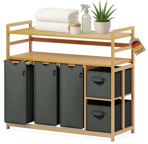 XMHome Wäschekorb 188L mit 3 Wäschesäcken & 2 Aufbewahrungsboxen,Bambus | 5 Fächer Wäschesortierer mit Doppelablage Regal, Stabiler Wäschesammler, ausziehbar abnehmbar,Dunkelgrau