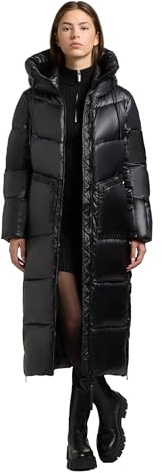 khujo Damen extralanger Wintermantel warmer schimmernder Steppmantel mit seitlichen Gehschlitzen, innenliegende Rucksack-Träger und Ärmeltasche Tonia XS-XXL