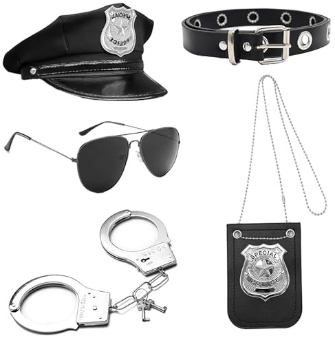 Werownsgso Polizei Kostüm Zubehör Polizeimütze Abzeichen Gürtel Handschellen Brillen Polizei-Kostüm Polizei Zubehör Polizei Cosplay Damen Herren für Karneval Halloween Party