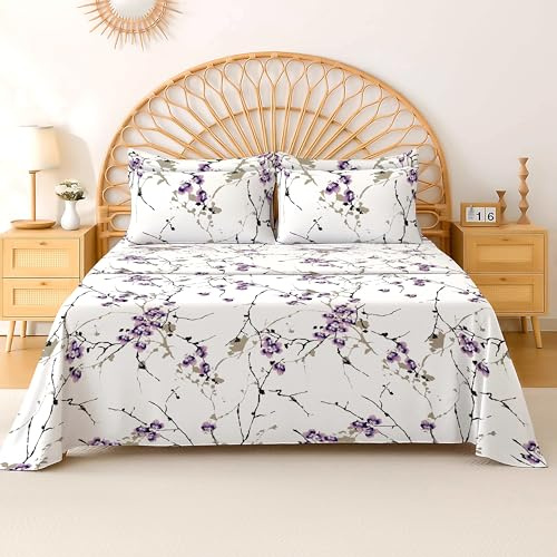 EverSoft Bedding 100% Egyptian Cotton Flat Sheet Single Size, 400 Thread Count Soft Cooling Floral Print Top Sheet, Premium Flower Design Bed Sheet for Single Bed - Exotic Lilac