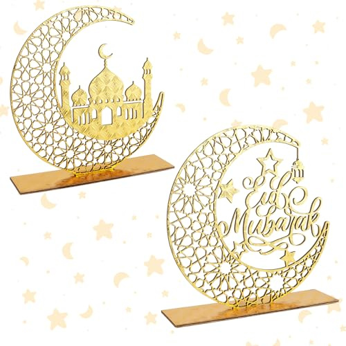 Viksio 2 Stück Holz Eid Mubarak Dekoration, Ramadan Deko Eid Tisch Zeichen, Mond Hohle Ramadan Dekoration Tisch Ornamente für Eid Mubarak Geschenke Muslim Islam Tischdekoration Al-Fitr-Partyzubehör