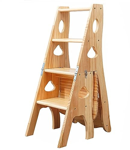 LISHEUK Klappbarer Bibliotheksleiterstuhl aus Holz, 3-in-1-Trittschemel mit Ablagefach, Faltbare Multifunktions-Ausstellungsleiter für die Heimbibliothek, Tragkraft 150 kg (Holzf