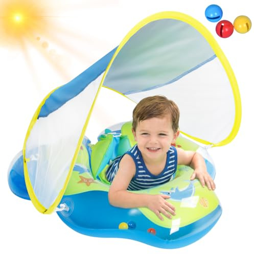 Oziral Salvagente Neonato con Parasole UPF50+ Con campana Giubbotto di salvataggio per bambini con base morbida Giubbotto di salvataggio per piscina per bambini Adatto a piscina, mare,Blu-verde