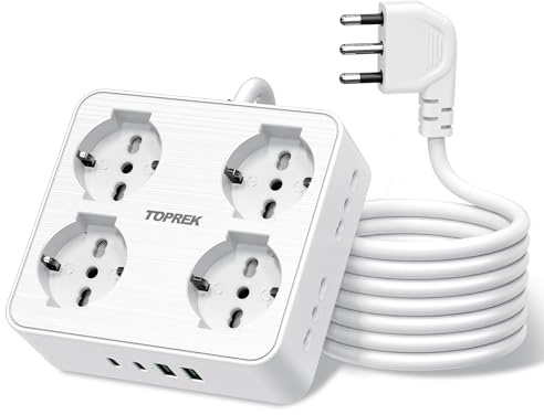 TOPREK Ciabatta Multipresa Elettrica con 8 Prese e 2 Metri, 1 Interruttore | 2 USB C(20W PD3.0 Ricarica Rapida) e 2 USB A, Prolunga Elettrica, Universali ITA 10/16A e Schuko, 4000W/16A Spina Gomito 90°