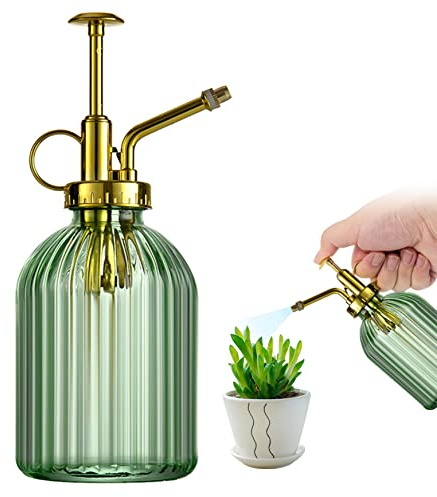 Hilai Spray Bottles Plant Mister Water Spray Bottle for Plants Creative Hand Pressure Water Bottle Glass Flower Sprayer (Green+Golden Sprinkler)