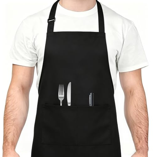 Mulbijeo Grillschürze für Männer, Verstellbare Grillschürze mit 2 Taschen und langen Bändern, Küchenschürze für Männer und Damen, für Küche, Restaurant und Café, Vatertagsgeschenk