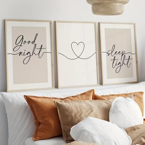 TROYSINC 3er Set Wandbilder Schlafzimmer Beige Good Night, Sleep Tight Boho Poster – Modernes Canvas Leinwandbild mit Herz Line Art – Romantische Wanddeko über dem Bett – Ohne Rahmen (A,30x40cm)