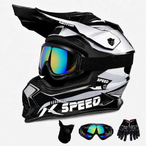 Motocross MTB Helm Fullface, Downhill Motorradhelm Herren Damen mit Handschuhe Maske Brille, Erwachsener Motorrad Downhill Full Face Helm Inklusive 2 Größen Helmfutter