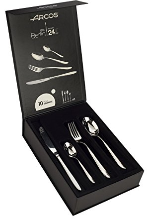 ARCOS Juego de Cubiertos de 24 Piezas para Mesa. Cubertería Completa para 6 Personas. Set de 6 Cucharas, 6 Cuchillos, 6 Tenedores y 6 Cucharas de Postre. Serie Berlín. Color Plata
