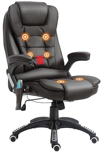 HOMCOM 6-Point Massage Office Chair with Seat Heated for Home Office, PU Leather High Back Executive Desk Chair with Adjustable Height and 360° Swivel for Work Study, Brown