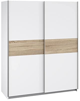 Forte WINNER Schrank 150, moderner Kleiderschrank Weiß, Schwebetürenschrank, 2-türig, Weiß / Holzdekor Sonoma Eiche, 150 cm breit x 190,5 cm hoch x 61 cm tief