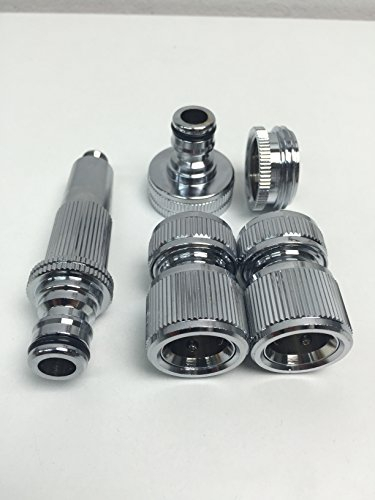 SpiceFlow Gartenset | Chrom/Messing | 2X Schnellverbinder + 1 Zoll Hahnanschluss + Adapter auf 3/4 Zoll + Gartenspritze | Gardena kompatibel