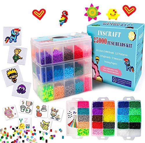 Inscraft Bügelperlen Set, 25000 teilige große Bügelperlen 5mm, 26 Farben Bügelperlen xl, Bügelperlen groß mit 10 Bügelpapier, 127 Bügelperlen Vorlagen & 4 Bügelperlen Platten, Steckperlen ab 3 jahre