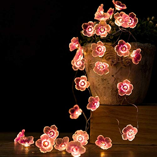 DINOWIN Guirlande Lumineuse LED Fleurs de Cerisier Rose 30 LED Guirlande Lumineuse Rose de Noël à Piles Décoration Pour mariage, fête d'anniversaire