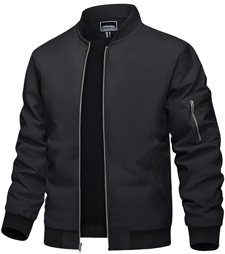 TACVASEN Herren College Jacke Pilotenjacke Bomber Jacket Sommerjacke Baseball Ubergangsjacke Dünne Jacke (2XL,Schwarz)