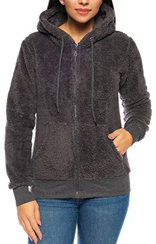 Crazy Age Herren und Damen Teddy-Fell Jacke mit Kapuze Fleecejacke Plüsch mit Kängruhtaschen - Zipper(CA-2914-Anthra 3XL)